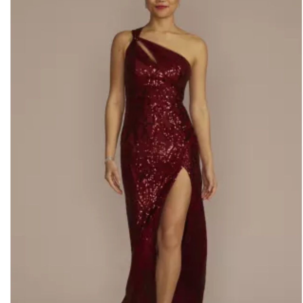 David's Bridal One-Shoulder Burgundy Sequin Gown